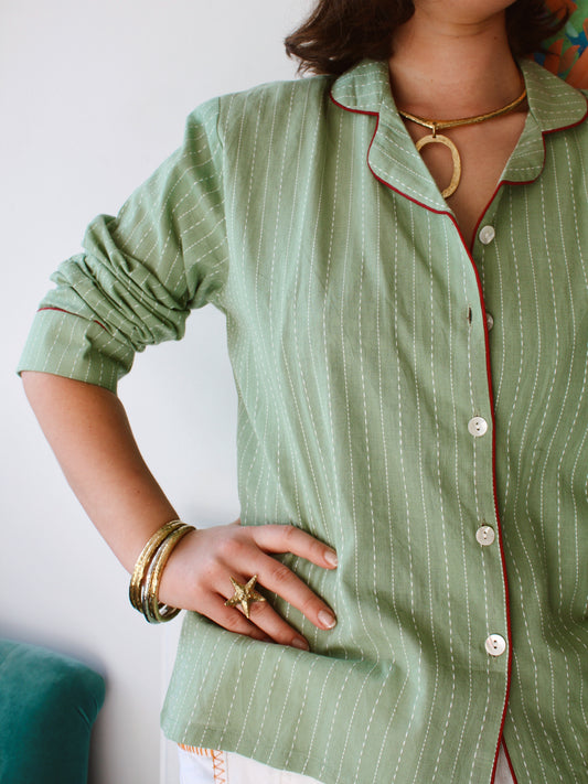 Green Handloom Long Pyjama Set