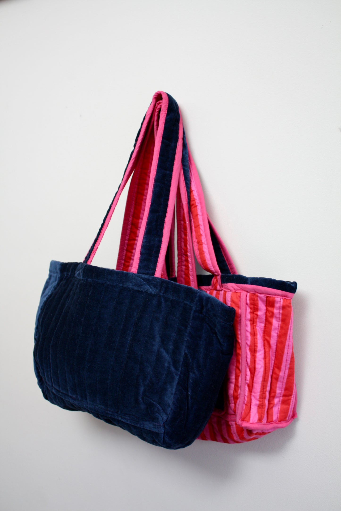 Navy & Pink Stripe Velvet Bag