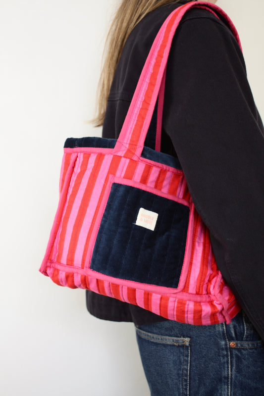 Navy & Pink Stripe Velvet Bag