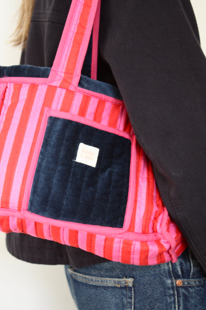 Navy & Pink Stripe Velvet Bag